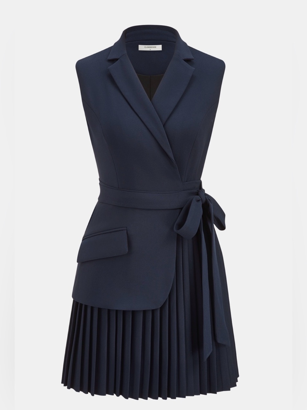 Commense Navy Belted Pleated Sleeveless Blazer Dress